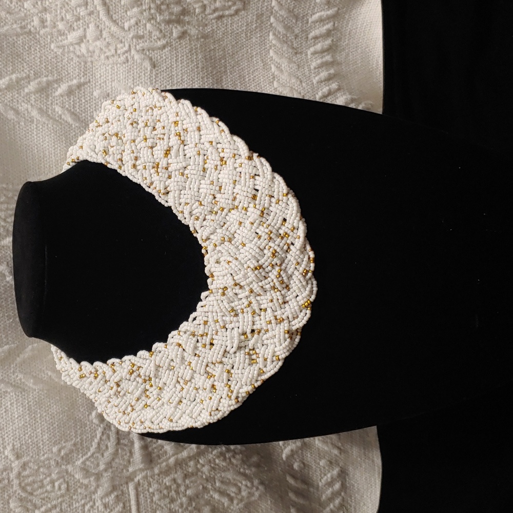 Chico's White & Gold Goldtone Bead Bib Statement Necklace NWT